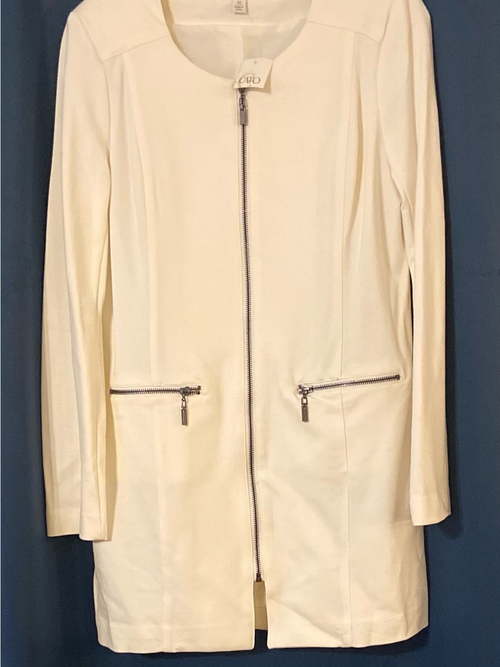 Cato Cream Zip-Front Long Blazer with Silver Hardware